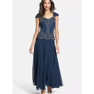 $280 J KARA Embellished Chiffon Fit & Flare Gown NAVY MOTHER BRIDES WEDDING 8